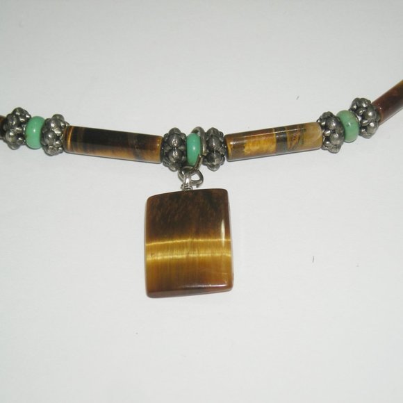 Men's Hand Crafted Tigers Eye Turquoise 22" Beaded Necklace Magnetic Closure - Picture 3 of 6